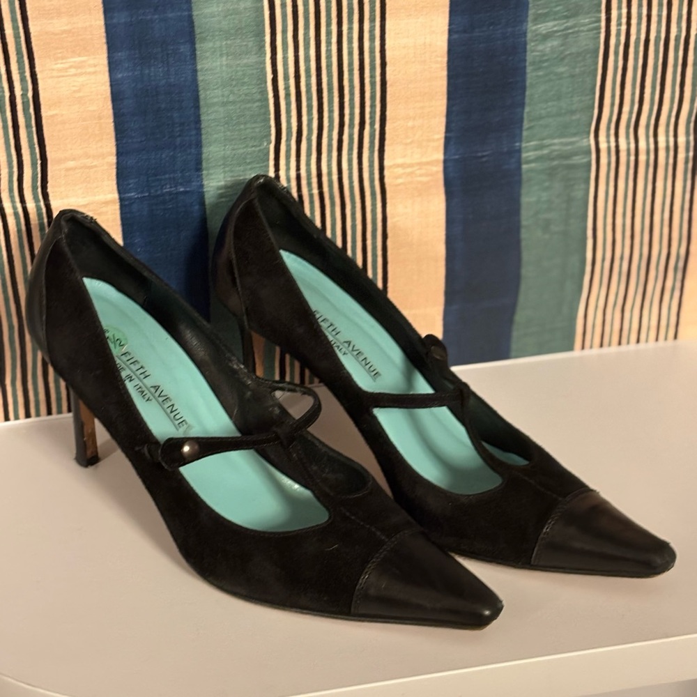 Saks Black suede and leather t-strap pumps - Made in Italy